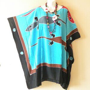 LT84 Aqua Gecko Plus Batik Women Handpainted 38" Kaftan Midi Dress Long Top